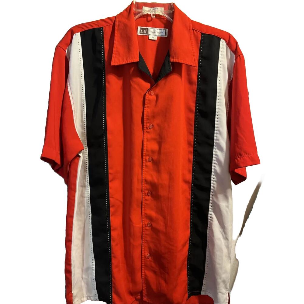 Daniel Ellisa Men's M Red Stripe SS Button Down Polyester Bowling Camp Shirt